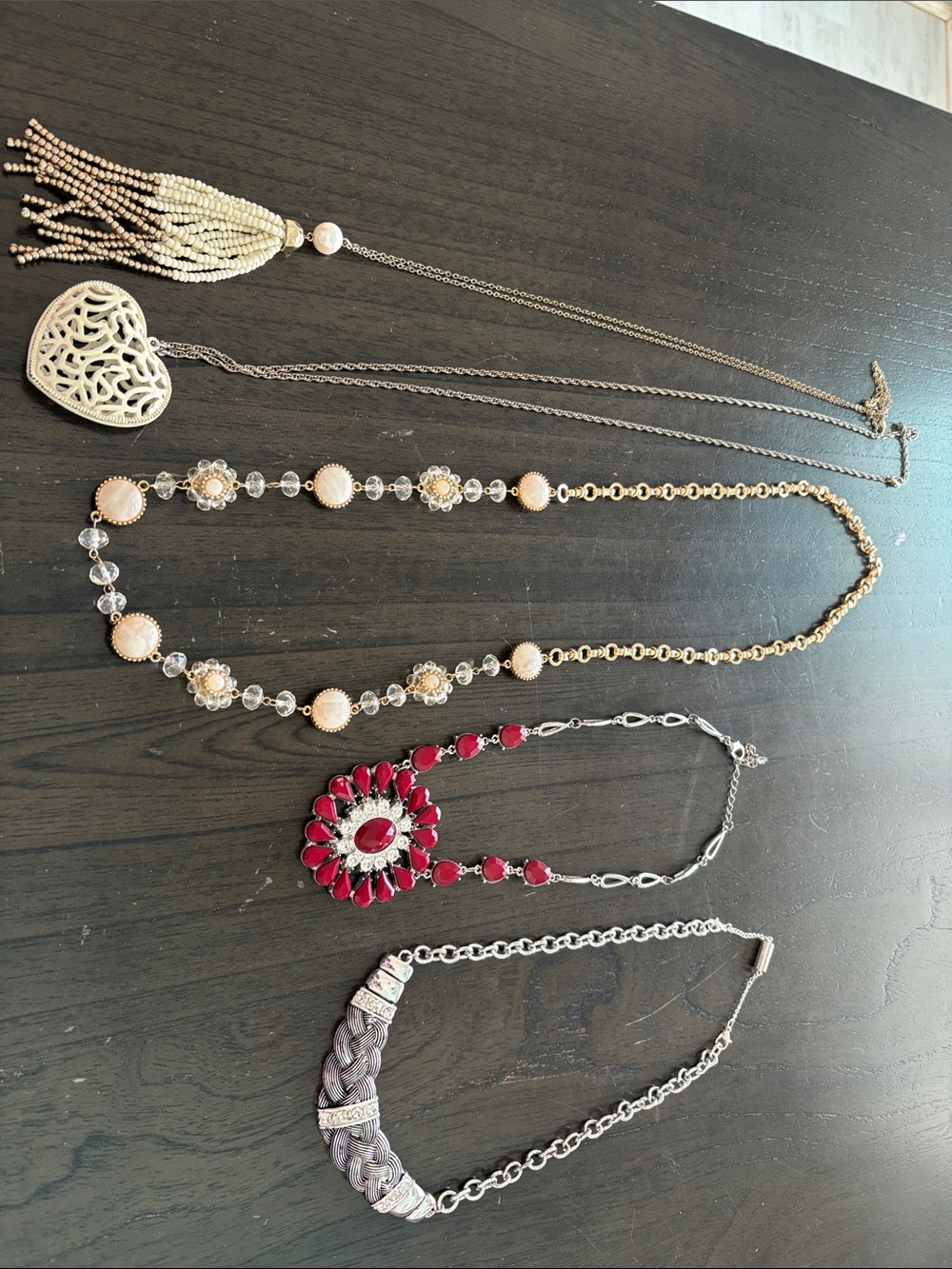 Elegant Multi-Necklace Set in Gold, Cream and Red